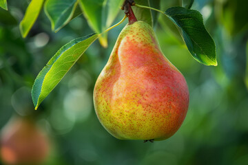 Red and Yellow Pear Hanging from Tree Branch