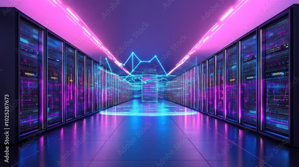 Poster neon-lit server room with glowing data network visualization