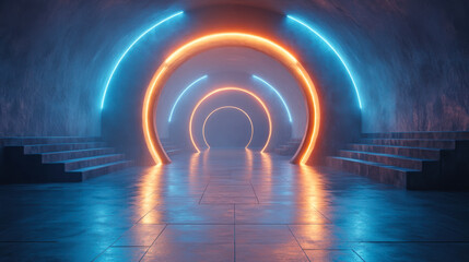 Fototapeta premium Vibrant neon archway leading to illuminated steps in a dark tunnel setting with a mysterious atmosphere