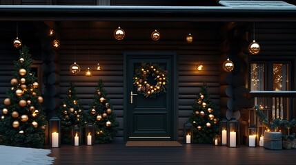 Fototapeta premium A charming Christmas entrance features a green wreath with lights above black doors. Tinsel trees and candles create a warm and inviting atmosphere in a rustic wooden cabin