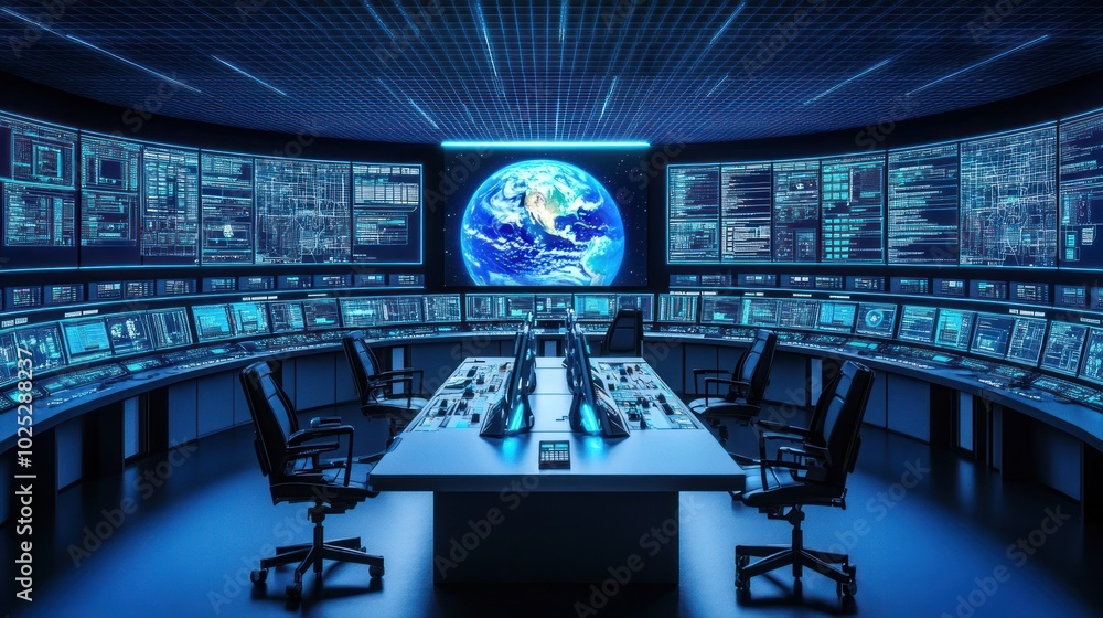 Poster futuristic control room with earth display and multiple monitors