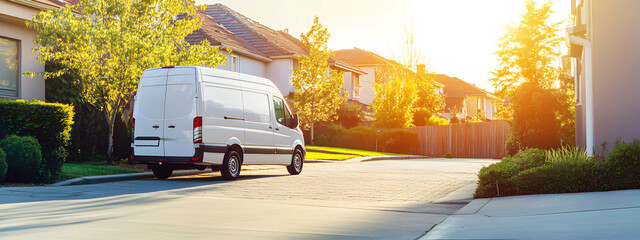 Delivery van parked in a residential neighborhood, ready to deliver packages, copy space. Concept of transportation parcel delivery.