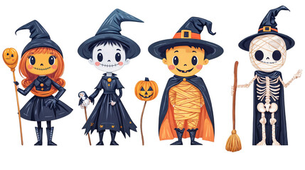 Halloween cartoon characters dressed as witches, mummies, and skeletons isolated on transparent background