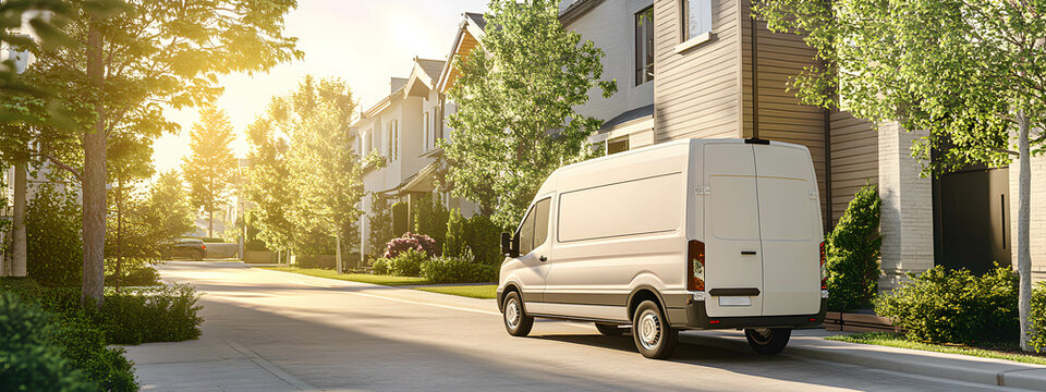 Delivery van parked in a residential neighborhood, ready to deliver packages, copy space. Concept of transportation parcel delivery.