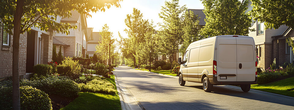 Delivery van parked in a residential neighborhood, ready to deliver packages, copy space. Concept of transportation parcel delivery.