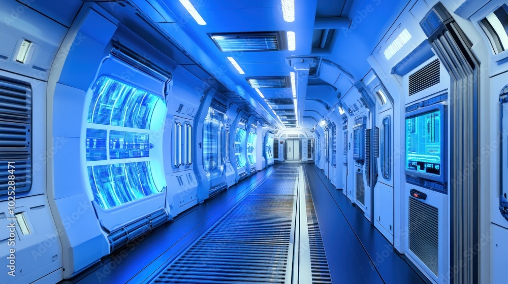 Poster futuristic spaceship corridor with glowing panels and a screen