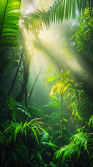 Golden sunlight filters through lush trees in a vibrant rainforest during early morning hours, creating a serene atmosphere