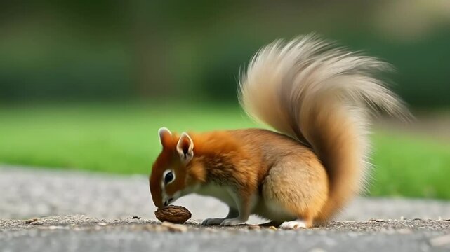 Close-up of a squirrel nibbling on a nut, sitting on the ground. The vibrant image captures nature in action with a focus on wildlife and small details.