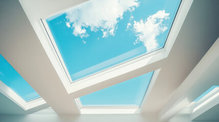 Bright clouds drift across a skylight in a modern building, inviting natural light indoors