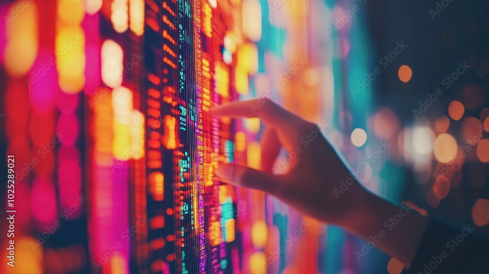 Poster hand interacting with a brightly lit digital display