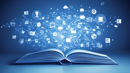 Open Book with Glowing Digital Icons and Network Connections