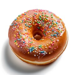 Close-up of a glazed donut with multicolored sprinkles