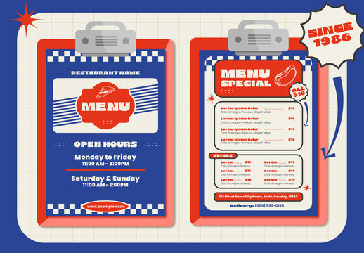 Red And Blue Retro Diner Fast Food Chicken Pizza Menu Template