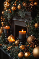 Elegancki, świąteczny kominek udekorowany w kolorach złota i brązu. Na półce stoją świece i ozdoby w kształcie bombek, szyszek i jagód, oplecione zielonymi gałązkami.