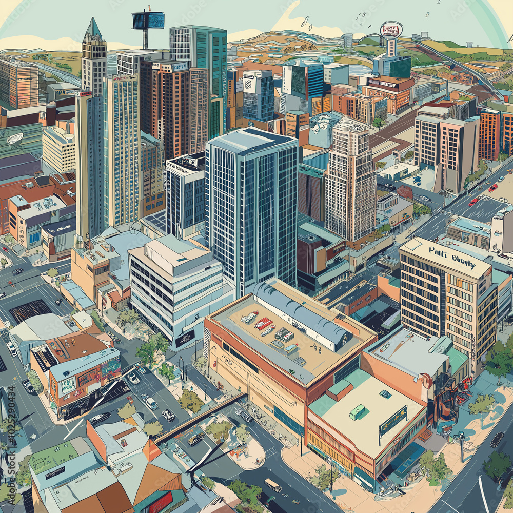 Wall mural an aerial view of downtown rocky mountain city, detailed comic book art style, city buildings, offic