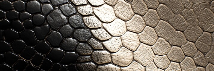 This close-up view showcases the detailed textures of snake skin, featuring contrasting black and light brown scales, revealing nature's artistry