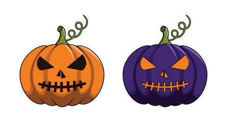 A vector pumpkin with orange and black eyes and a stitched mouth. A vector illustration in orange and purple colors, isolated on the white background