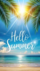Obraz premium Hello Summer Holiday Illustration with Typography Letter and Sunglasses on Ocean Blue Background. Tropical Plants and Beach Ball on Paradise Island for Banner, Flyer, Invitation, Brochure
