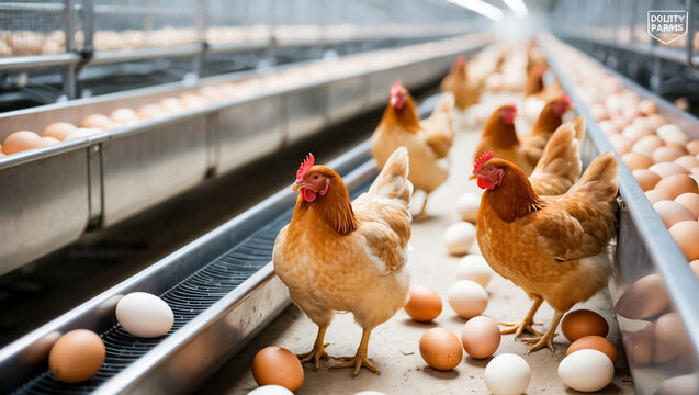 chicken with fresh eggs at a poultry farm