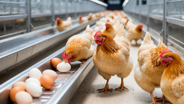 chicken with fresh eggs at a poultry farm