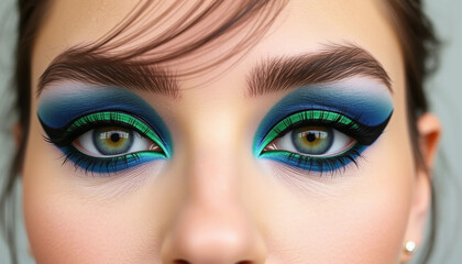 Obraz premium Vibrant close-up of a woman's eyes showcasing exquisite blue and green eye makeup with intricate detail. Perfect representation of beauty, fashion, and artistic makeup styles.