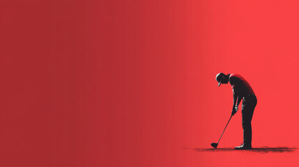 Silhouette of a golfer mid-swing on a grassy field, set against a bold red background, capturing motion and focus.
