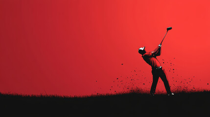 Silhouette of a golfer mid-swing on a grassy field, set against a bold red background, capturing motion and focus.
