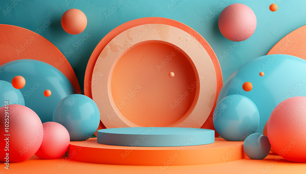 Poster minimalist 3d circular platform surrounded by floating shapes
