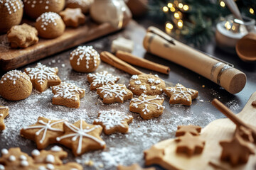 Festively decorated gingerbread cookies in a cozy kitchen setting