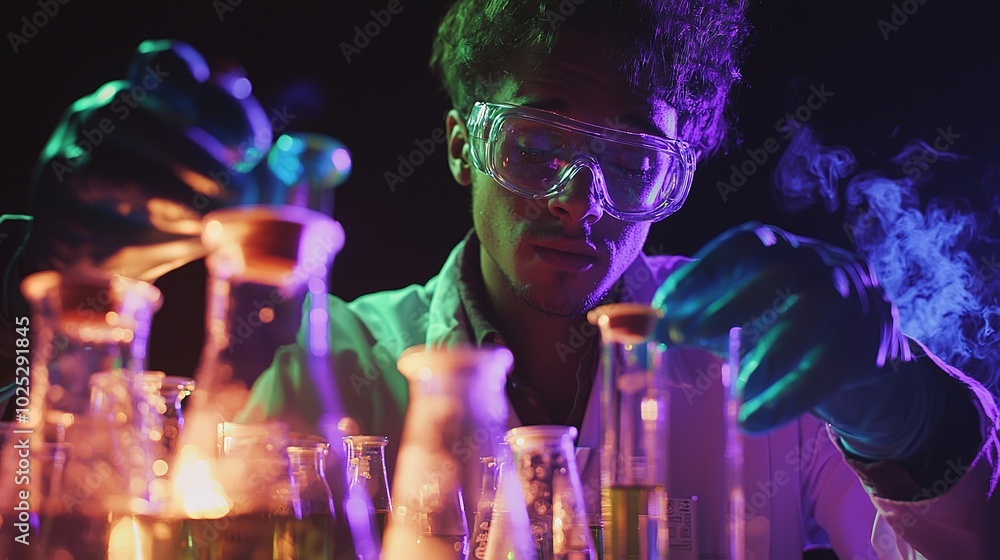 Poster a focused scientist in goggles conducts experiments with colorful liquids in glass beakers, surround