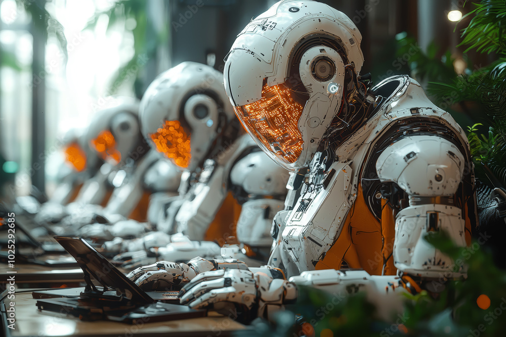Poster a classroom of students working with ai to build robots, symbolizing the merging of ai education wit