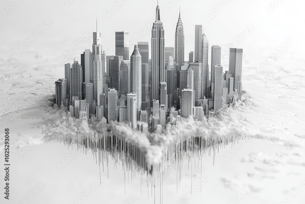 Poster a city skyline emerging from a single line drawn on a piece of paper, representing creation from ima
