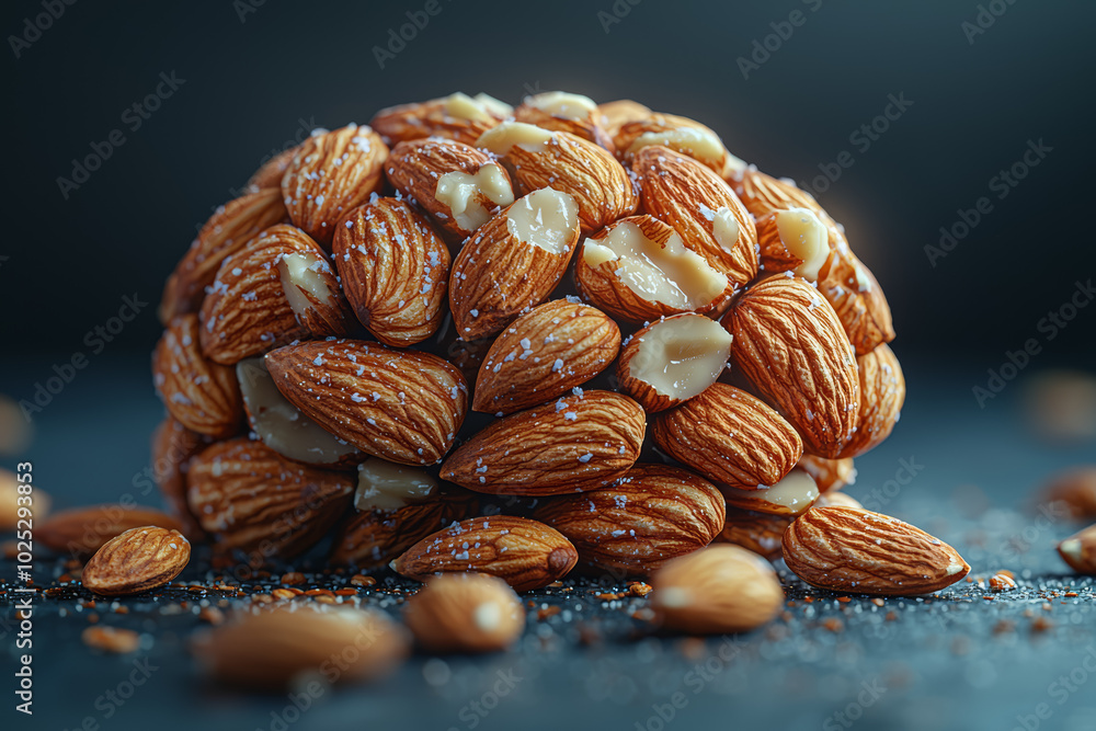 Poster a brain made of almonds, symbolizing the role of nuts in cognitive function and memory. concept of b