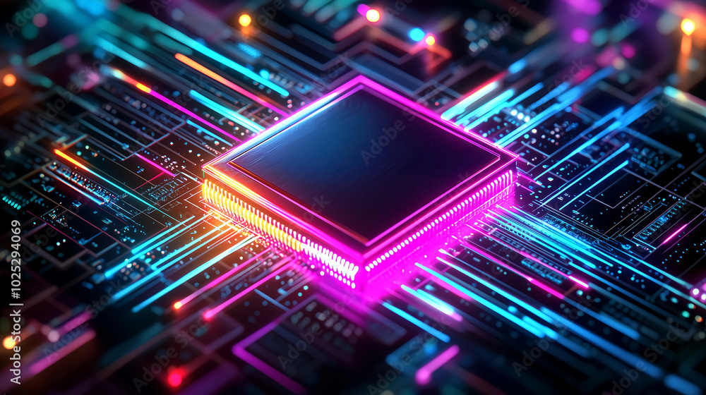 Aufkleber futuristic microchip embedded in vibrant neon circuit board with advanced digital technology