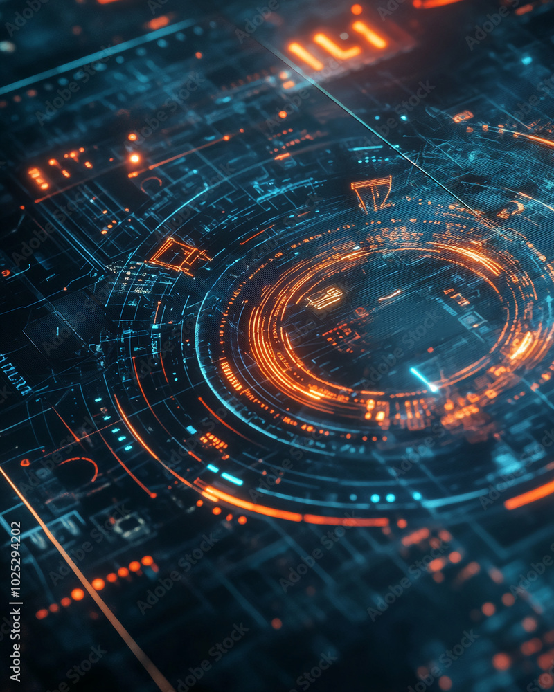 Poster a close-up view of a digital interface with a circular, glowing orange and blue pattern