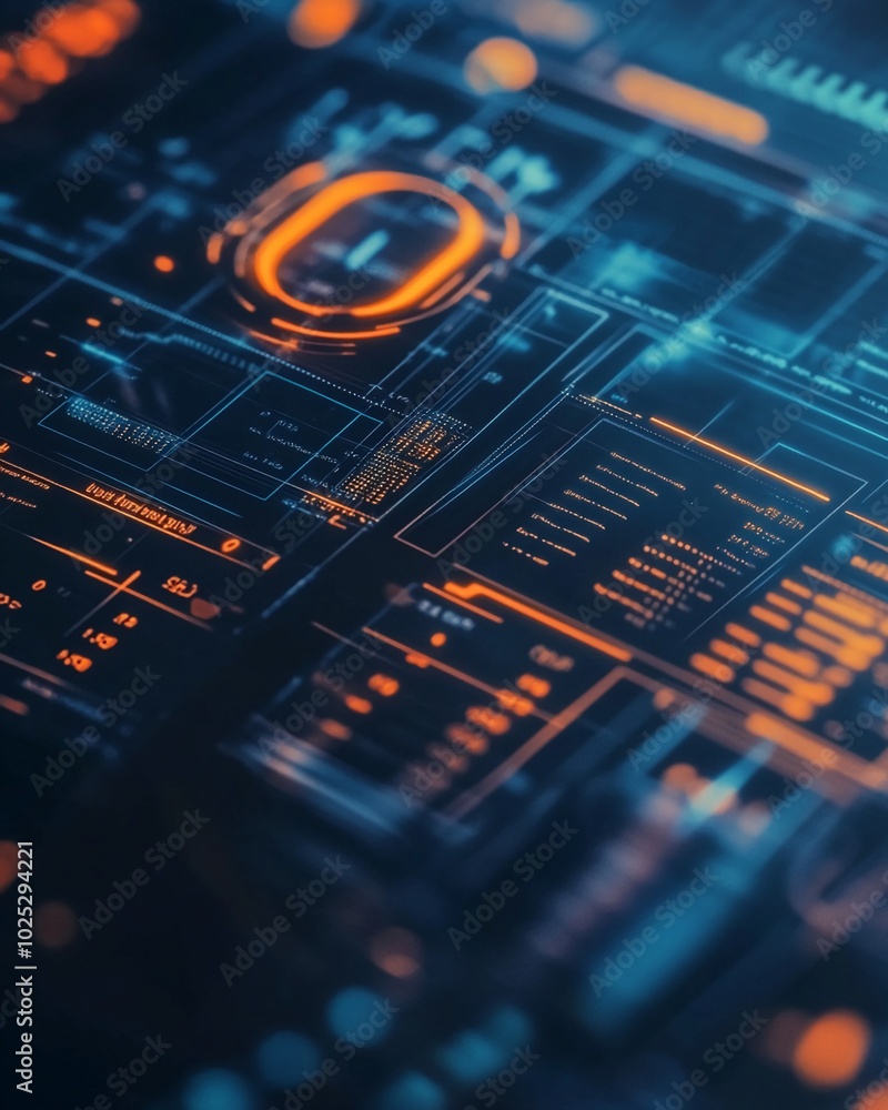 Poster a close-up view of a glowing digital interface with an orange 0 displayed prominently