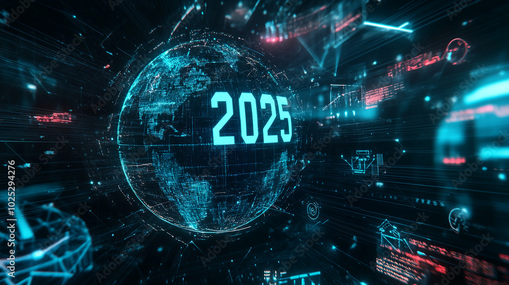 Aufkleber A digital globe with the year 2025 displayed on it, surrounded by data and information, representing the digital future
