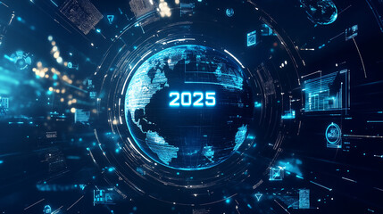 A digital globe with 2025 displayed, surrounded by data, representing the future of technology
