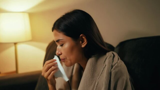 A young woman sneezes into a tissue, surrounded by warm indoor lighting. The moment captures a relatable scene of seasonal allergies or illness, highlighting human vulnerability.