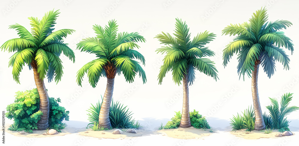 Aufkleber four different types of palm trees are shown in a row, with varying heights and shapes. the trees ar