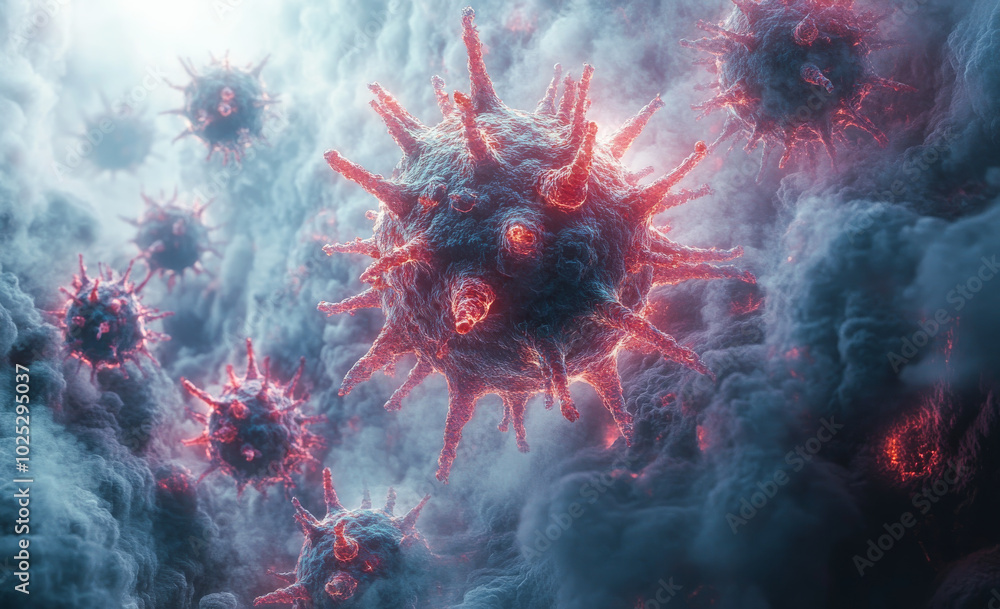 Poster a bunch of red and blue viruses are floating in the air. the viruses are small and red, and they are