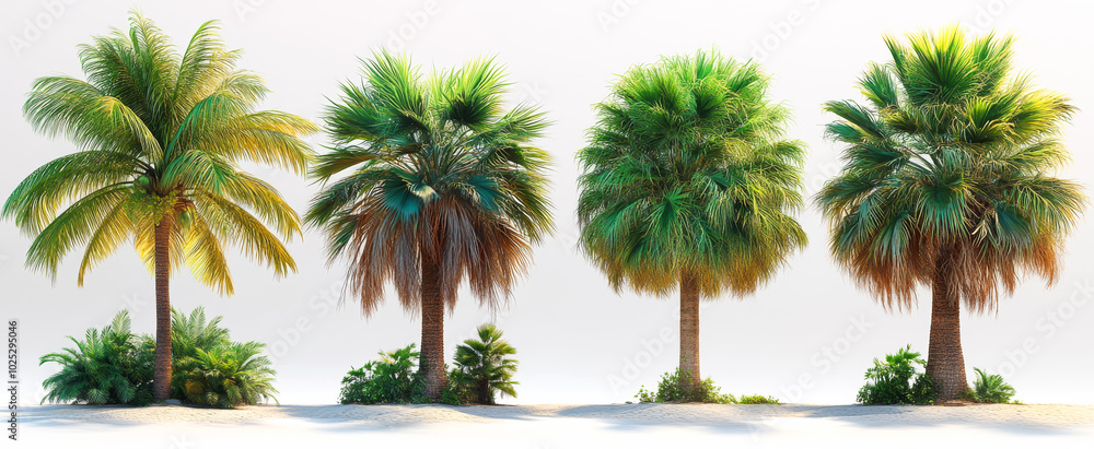 Poster four different types of palm trees are shown in a row, with varying degrees of leafiness and color. 