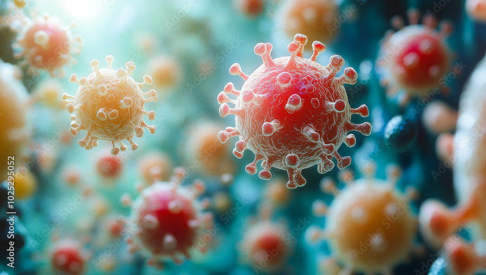 Poster a close up of a virus with a red and orange color. the virus is surrounded by other viruses and is t