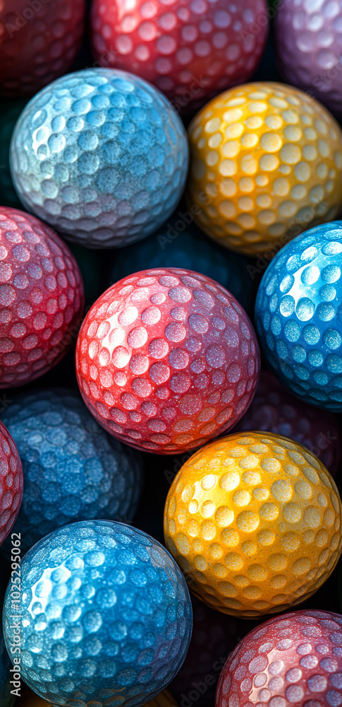 Poster a bunch of golf balls with different colors and sizes. the balls are arranged in a way that they loo