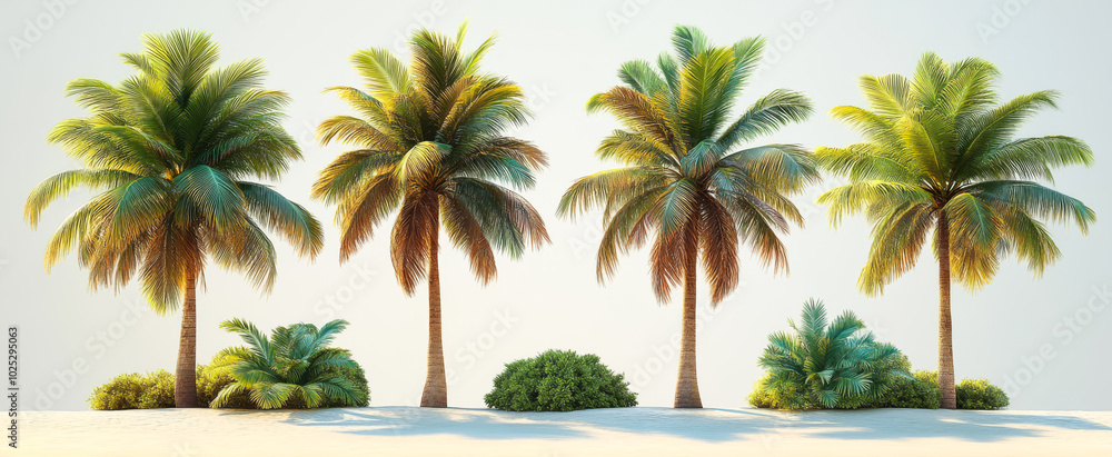 Poster a row of palm trees are shown in various stages of growth. the trees are all different sizes and are