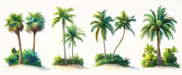 Four different types of palm trees are shown in a row, with some of them being taller than others. The trees are all green and have leaves, and they are all situated on a sandy beach