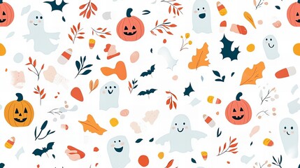 A Halloween themed pattern with ghosts, pumpkins