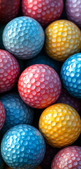 A bunch of golf balls with different colors and sizes. The balls are arranged in a way that they look like a golf ball field