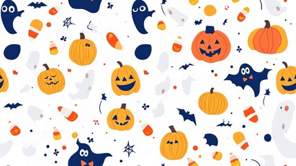 A Halloween themed design with pumpkins, ghosts, and bats