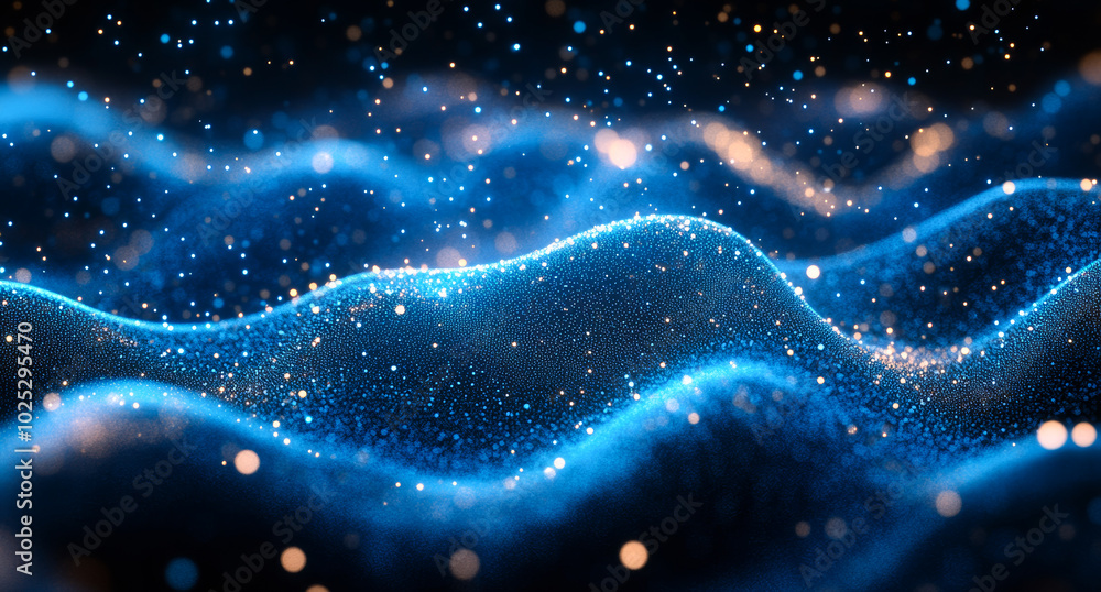 Poster a blue wave with a lot of sparkles in it. the sparkles are scattered all over the wave, giving it a 